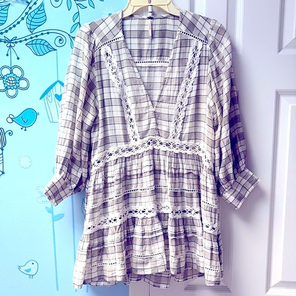 Free People Time Out Plaid Lace Boho White Olive Green Tunic Top Women's Size XS - Picture 3 of 14